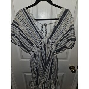 Blue Island Women's Striped Off-Shoulder Tiered Mini Dress Size M White And Blue